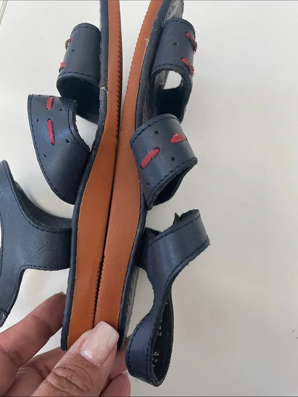 Kinder Navy Leather Kids Sandals with Red Accents